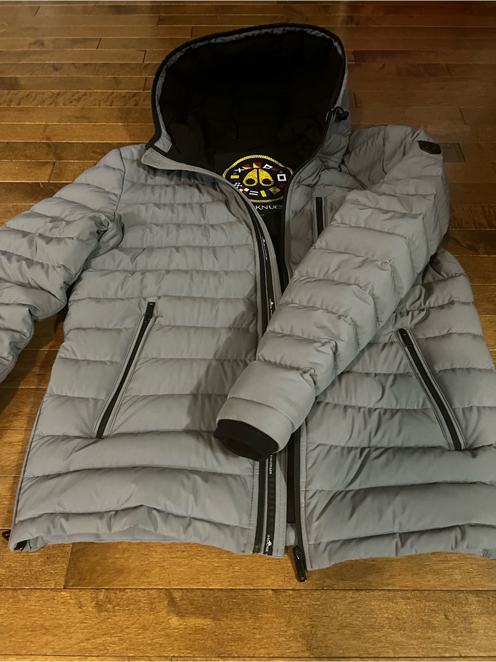 Moose Knuckles Light Gray Quilted Hooded Puffer Jacket